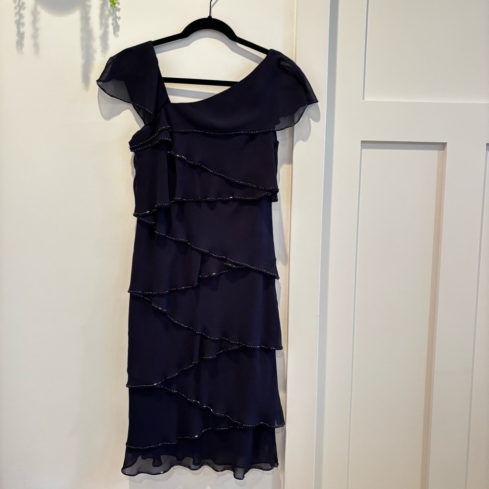 Patra Tiered Beaded Trim Navy Fairy Women's Midi Dress Asymmetrical Neckline 6